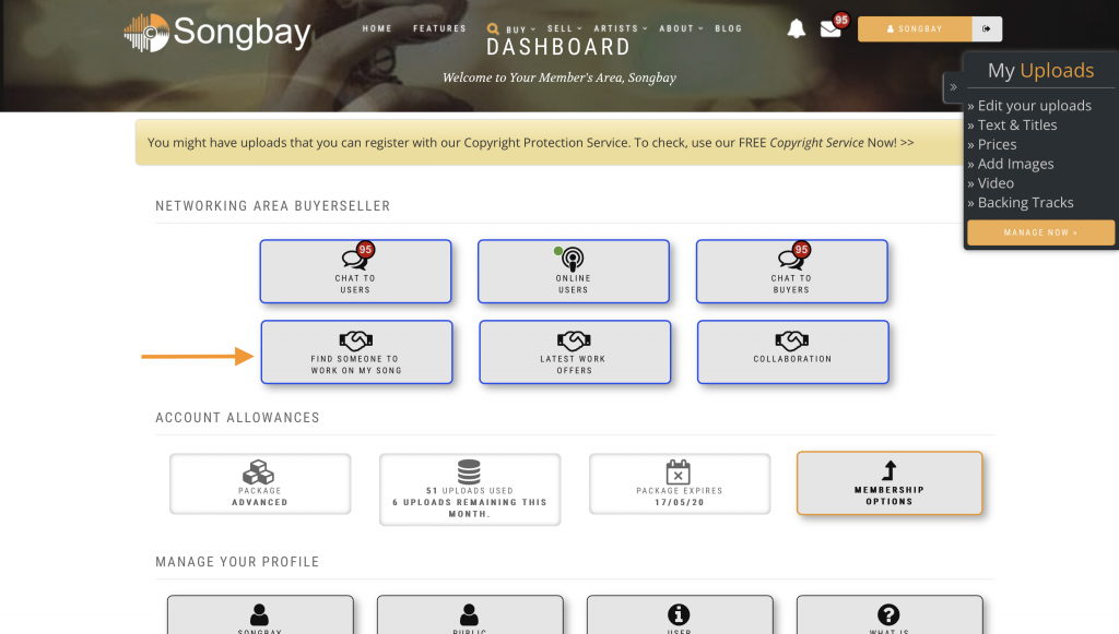 Collaboration at Songbay. Find someone to work on your song