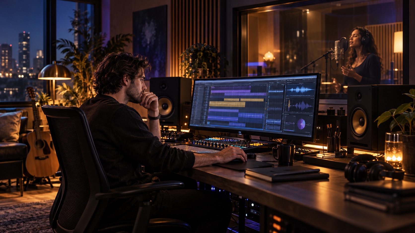 Human songwriter and vocalist creating a hybrid AI-assisted song in a professional recording studio