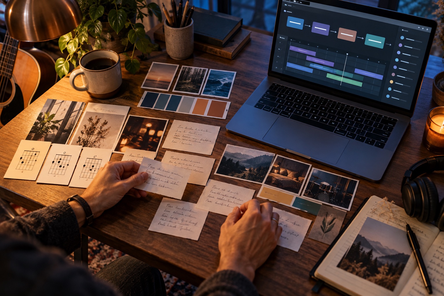 Songwriter organising lyrics and creative decisions before an AI-assisted music production