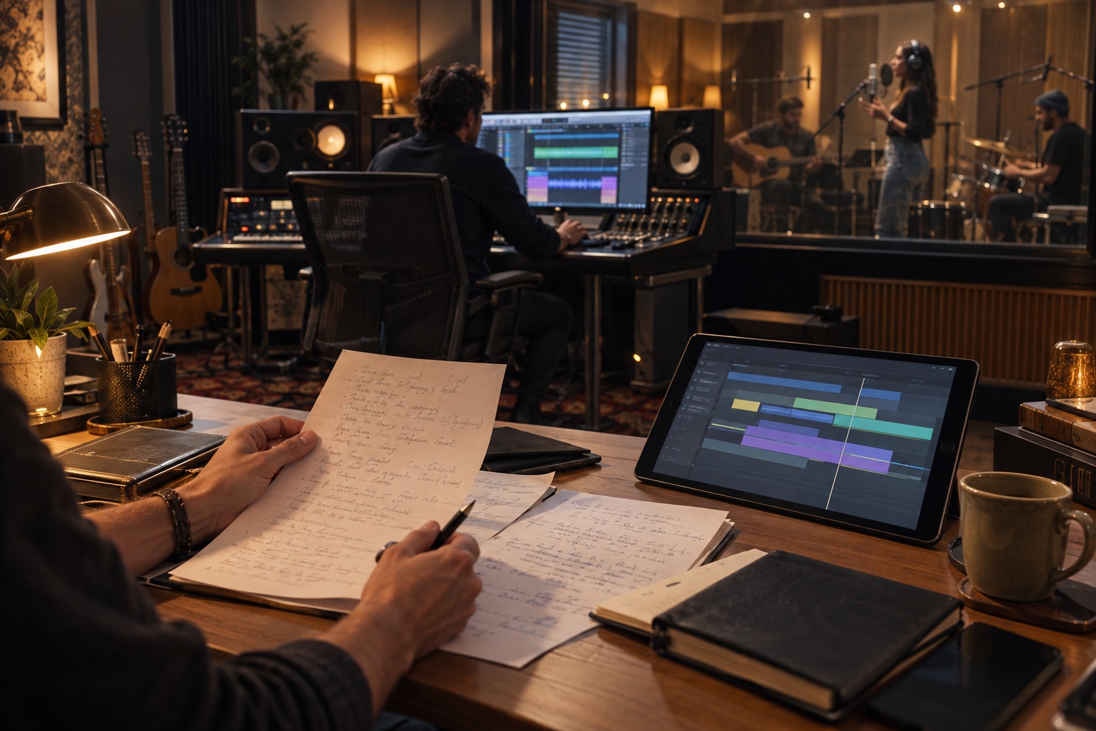 Human lyric drafts, production documentation and real musicians forming an AI-assisted songwriting workflow