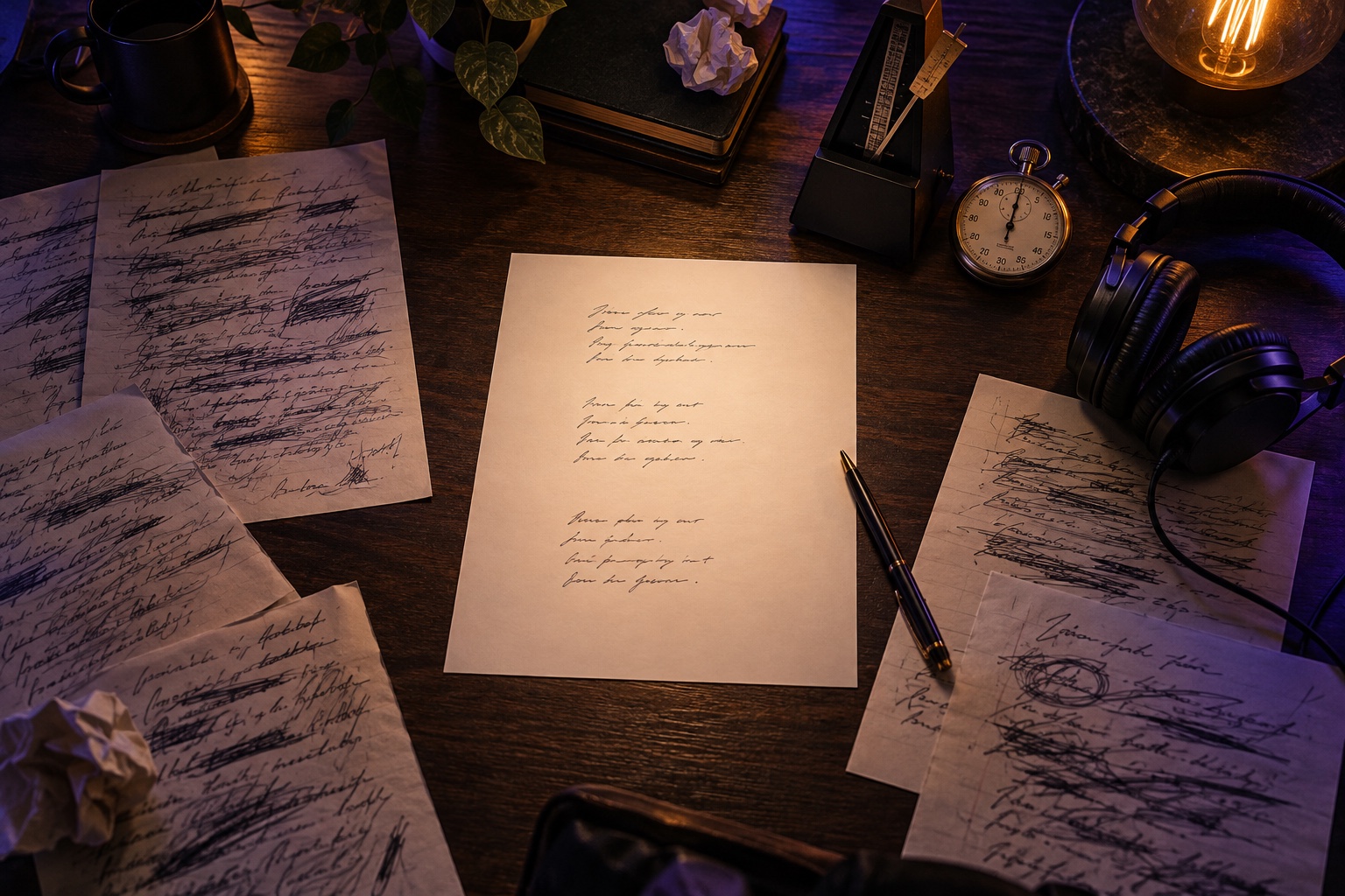 Rough lyric drafts being filtered into a concise, structured lyric with musical space
