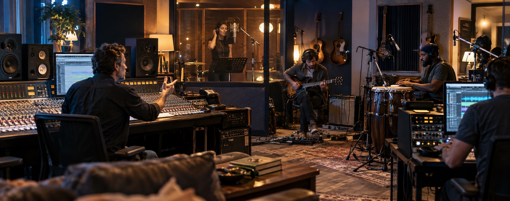 A composer, vocalist, musicians and recording engineer working together in a professional studio