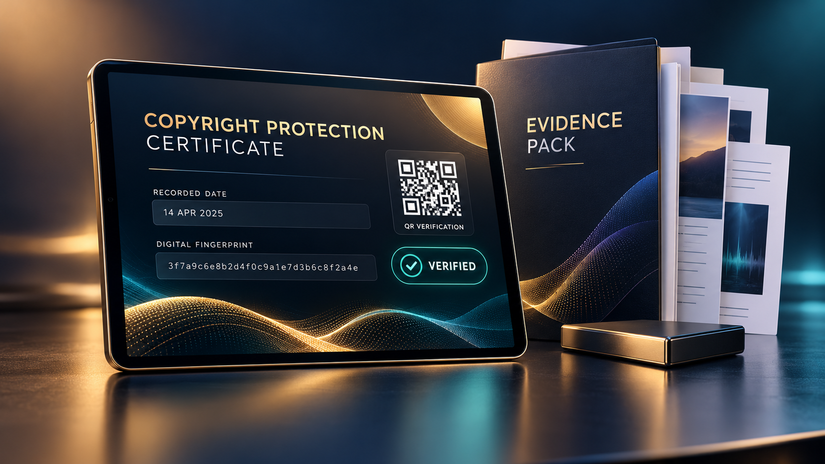 Digital Copyright Protection Certificate and Evidence Pack with recorded dates, digital fingerprint and QR verification