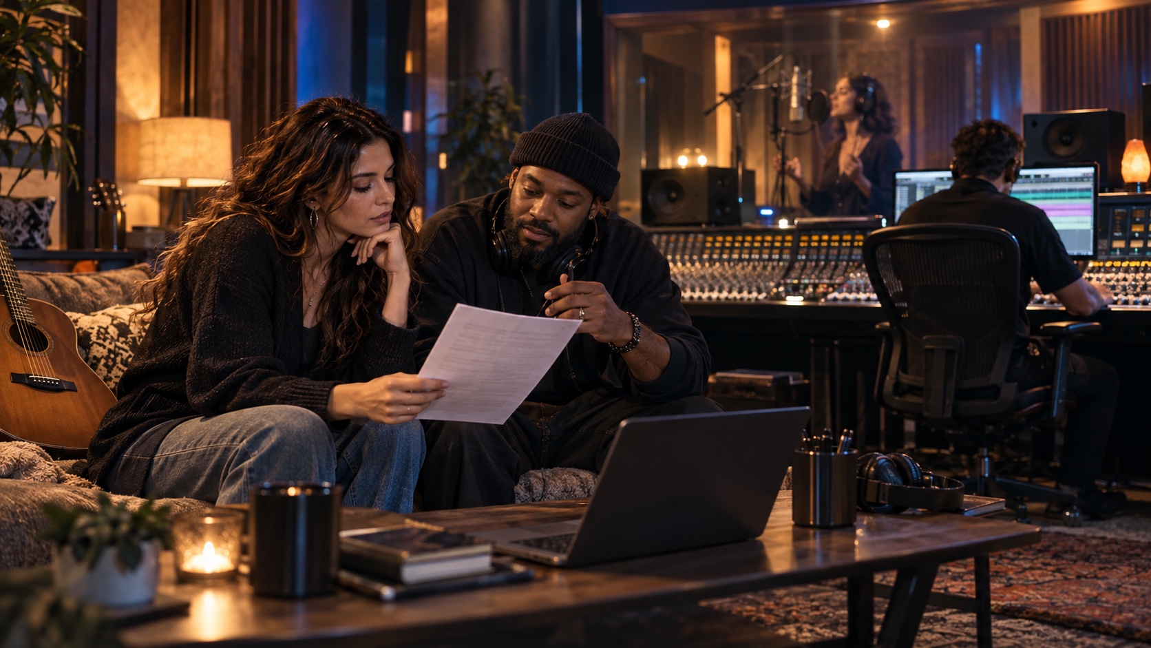 A lyricist and composer reviewing a song in a professional recording studio while a vocalist and engineer work behind them